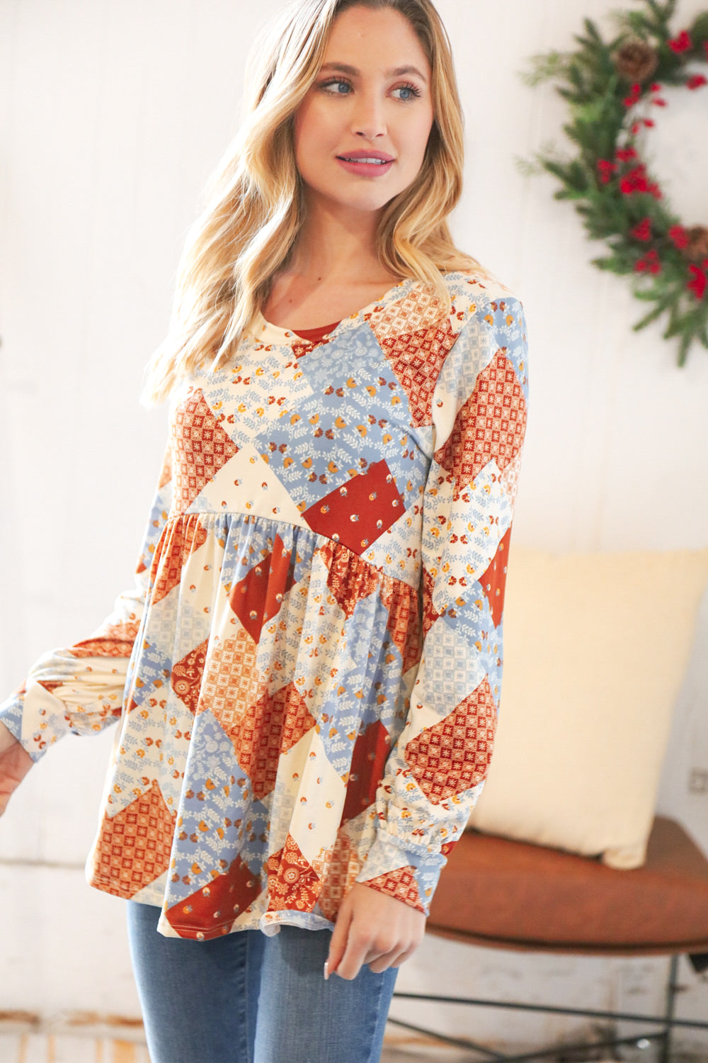 Gingerbread Floral Patchwork Babydoll Top