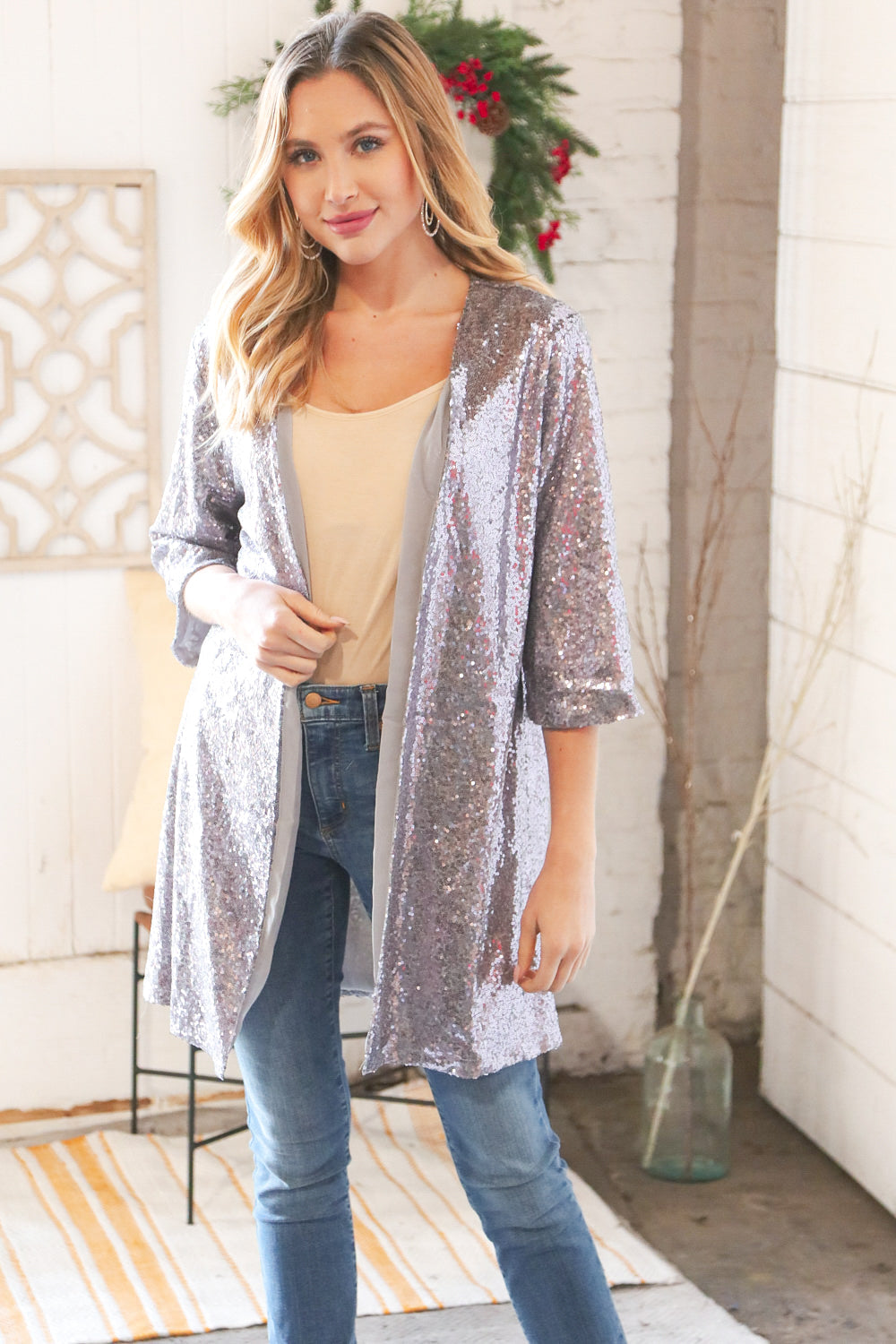 Silver Holiday Sparkle Sequin Cardigan