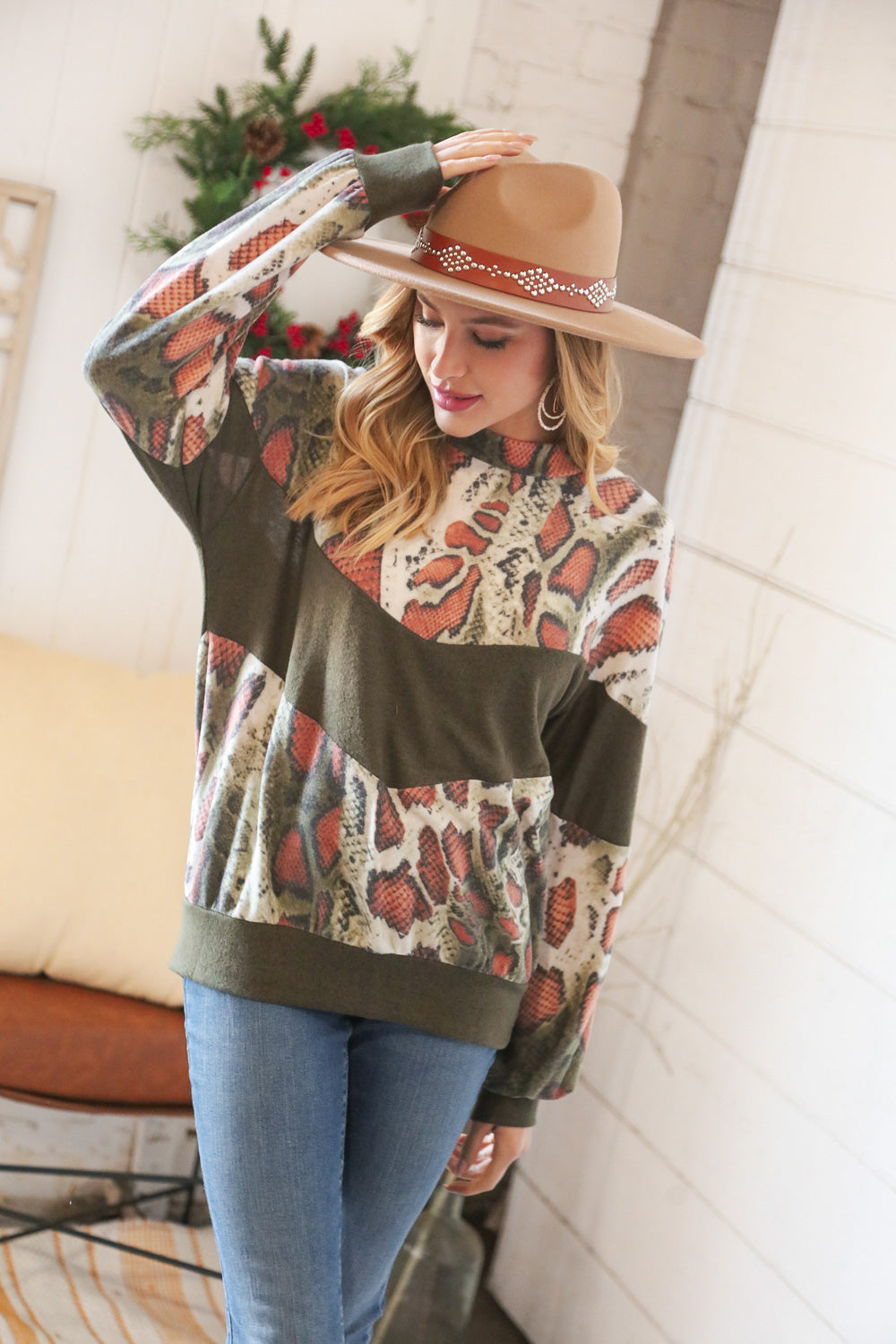 Olive Snake Print Chevron Hacci Banded Top