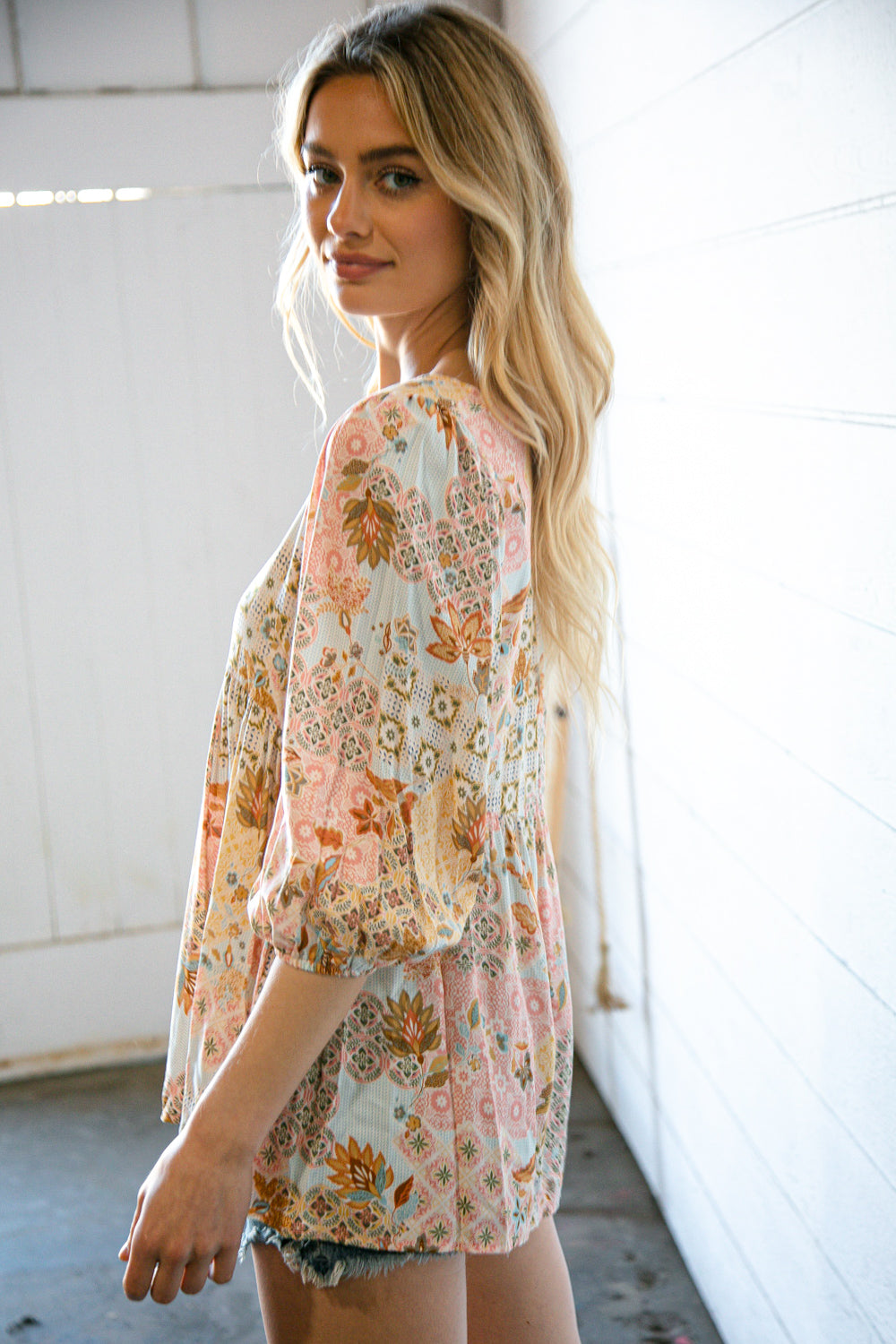 Peach Boho Patchwork Woven Top