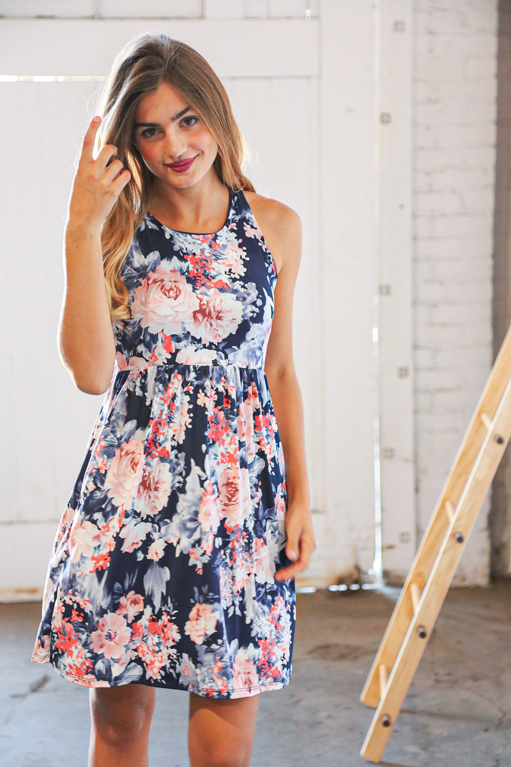 Navy Floral Tank Top Pocketed Swing Dress