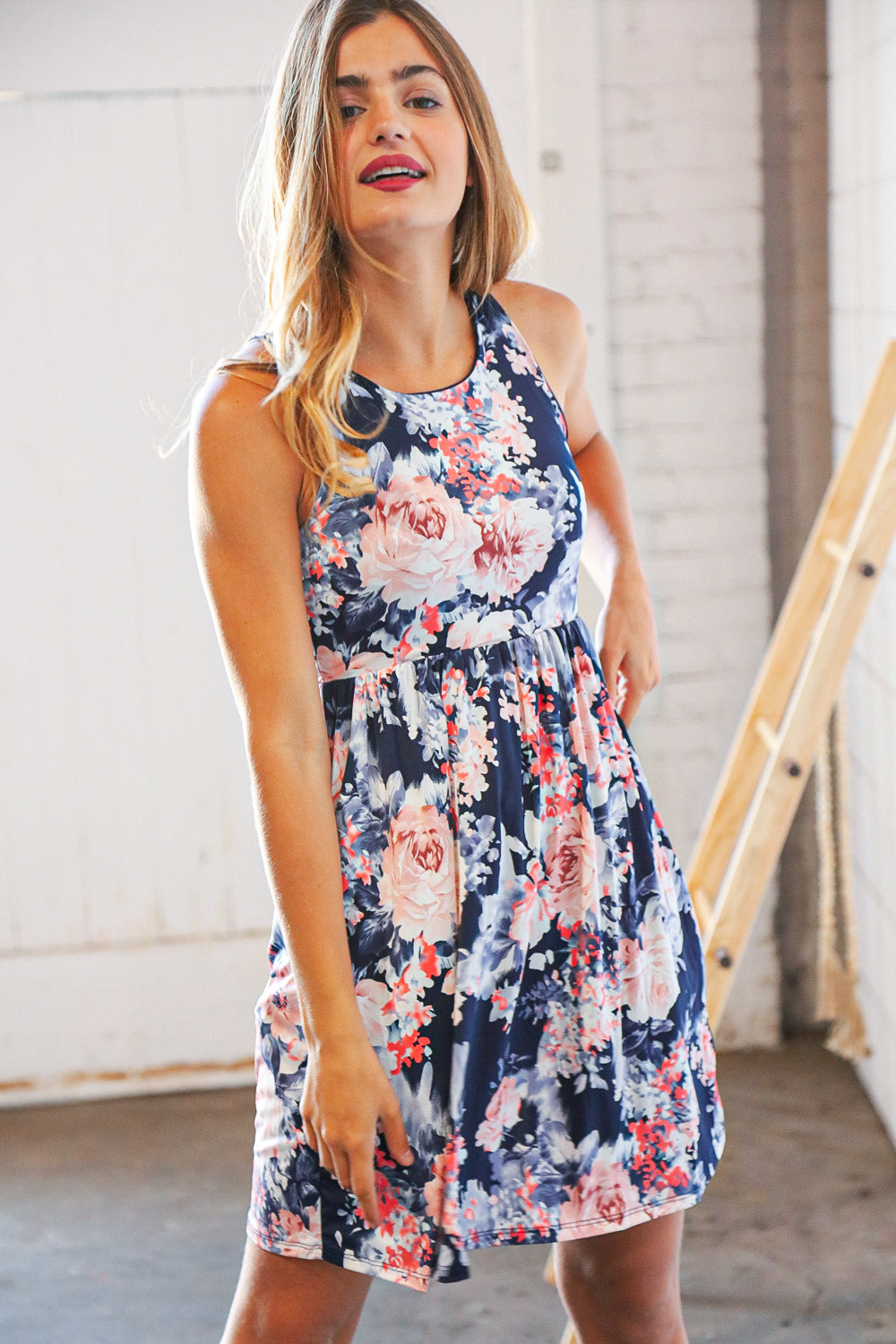 Navy Floral Tank Top Pocketed Swing Dress