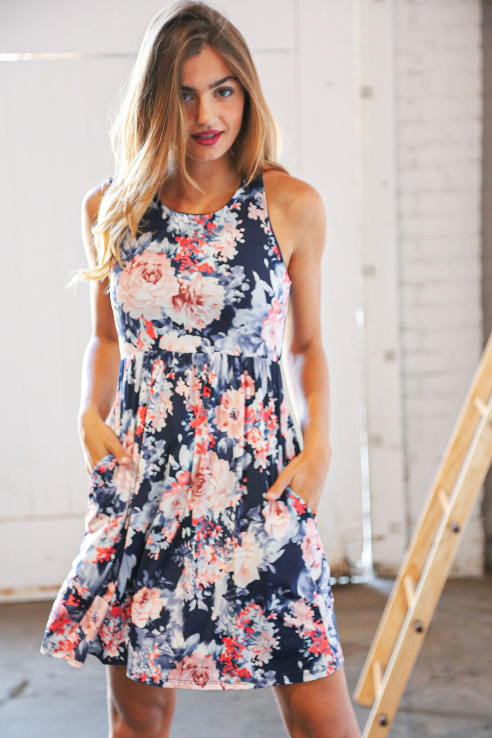 Navy Floral Tank Top Pocketed Swing Dress