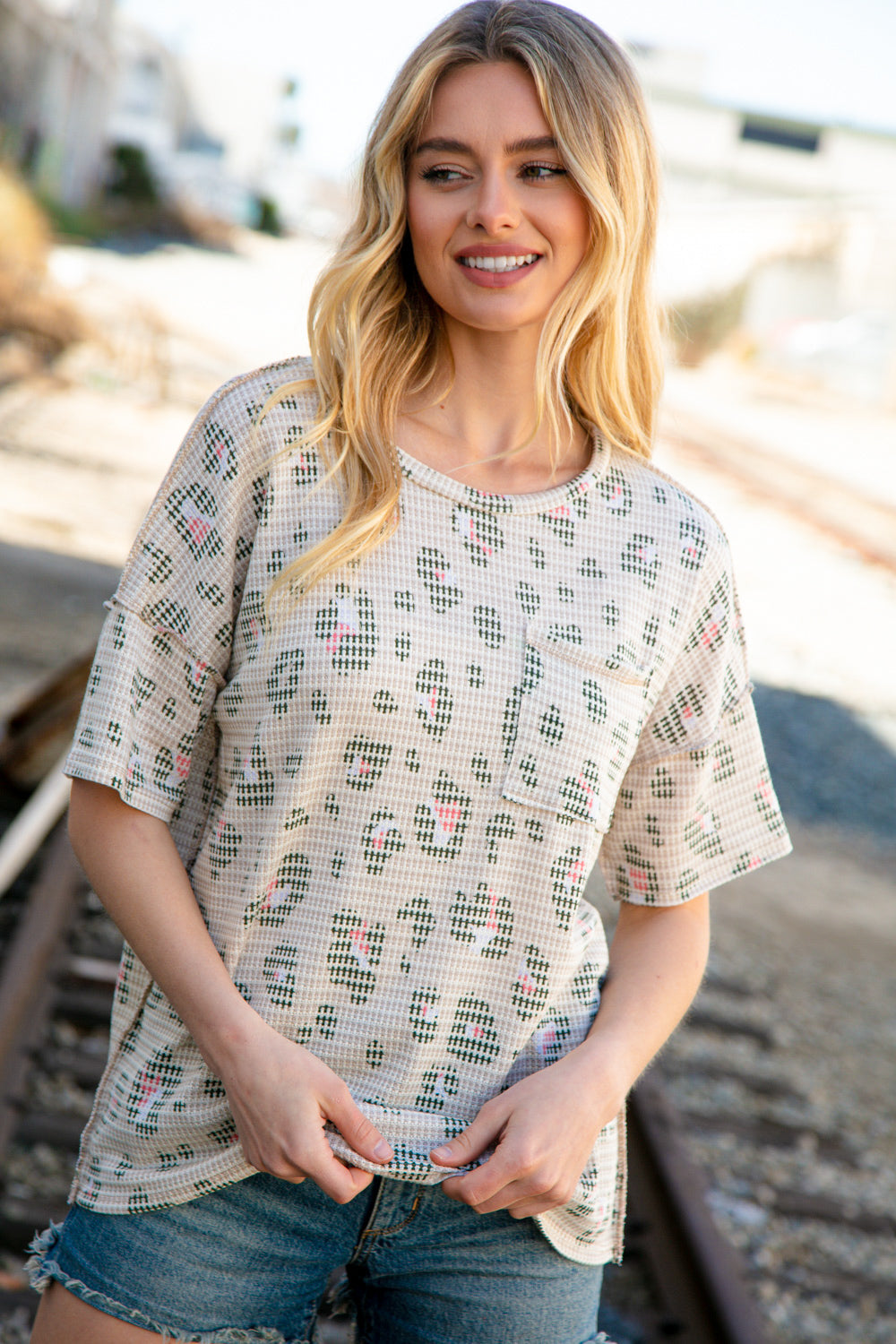 Beige & Coral Leopard Jacquard Front Pocket Top