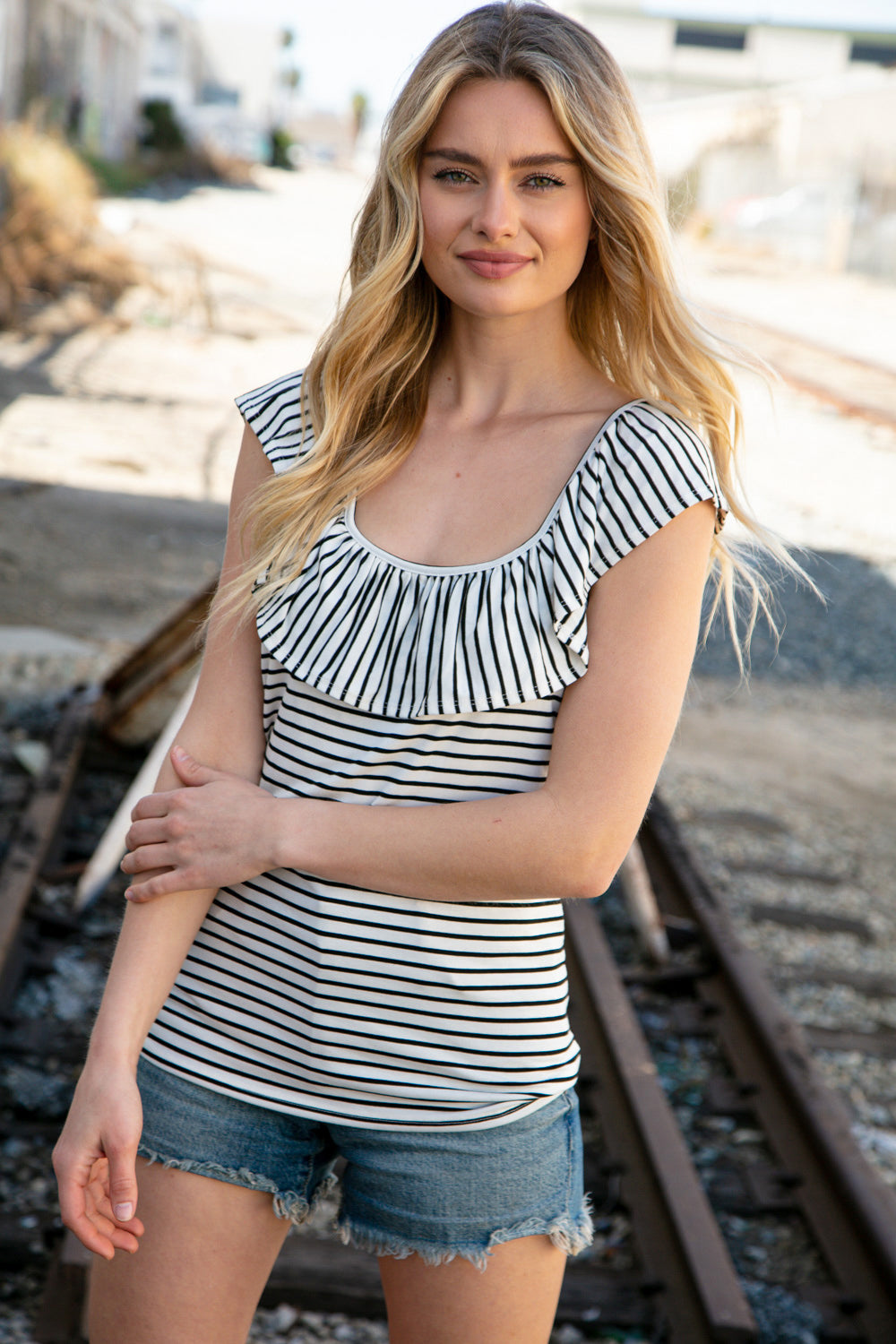 Black/Cream Stripe Ruffle Sleeveless Rib Tank Top