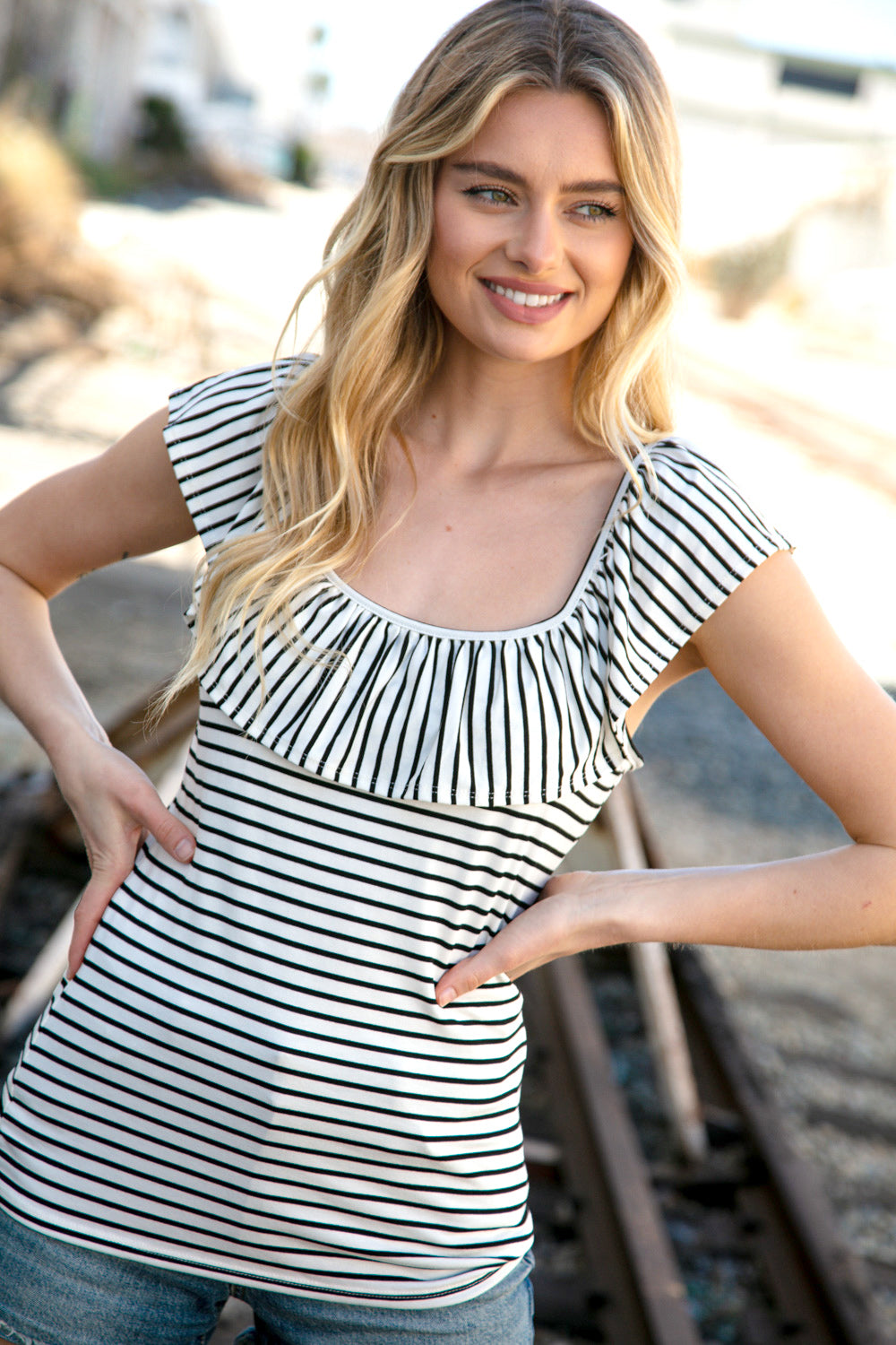 Black/Cream Stripe Ruffle Sleeveless Rib Tank Top