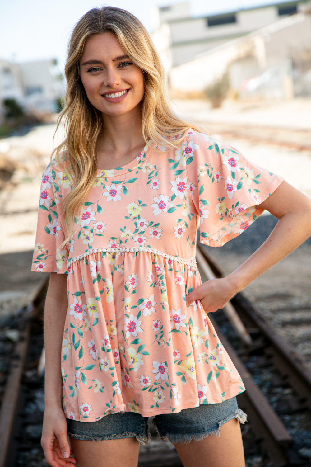 Peach Floral Babydoll Crochet Lace Peplum Top