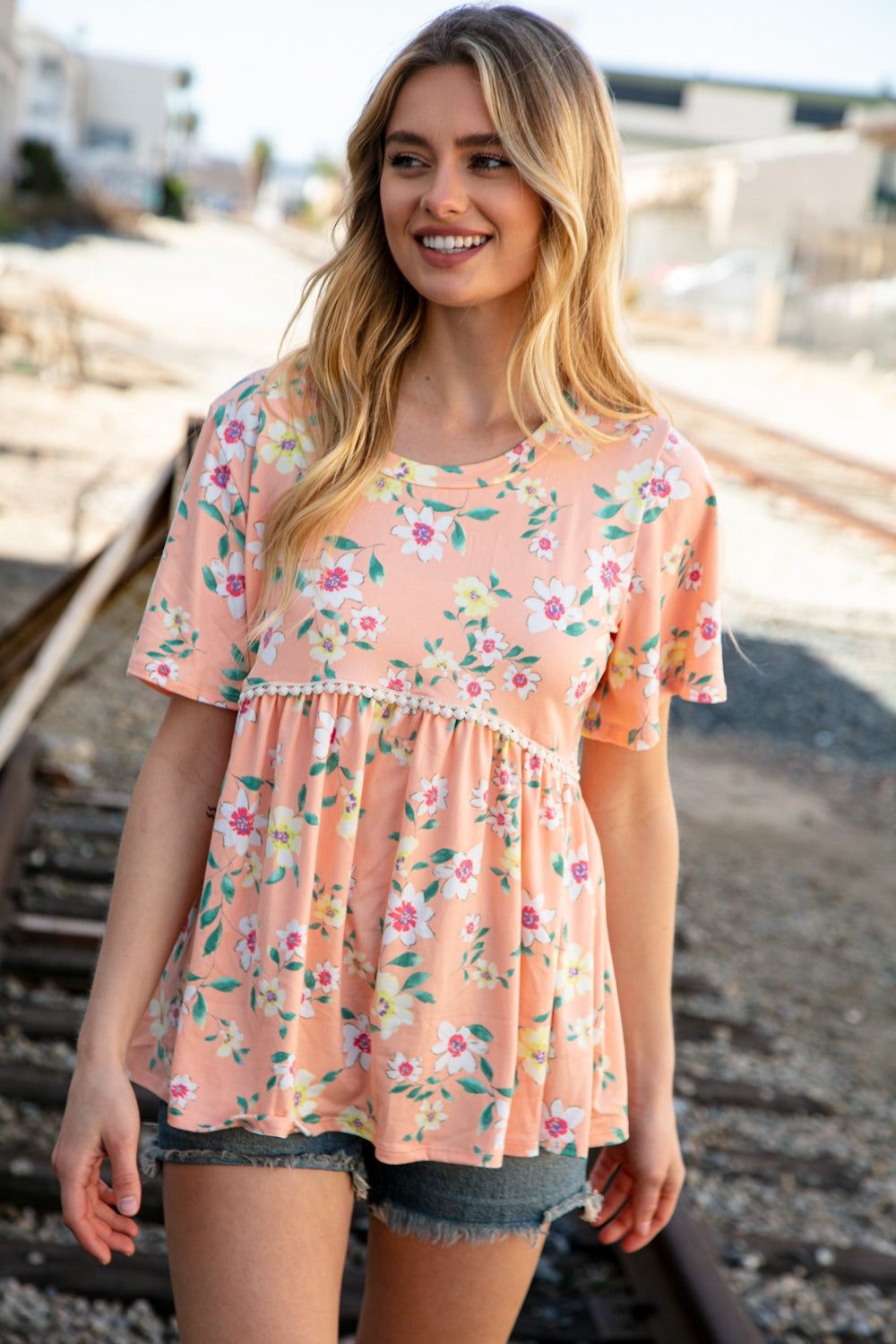 Peach Floral Babydoll Crochet Lace Peplum Top