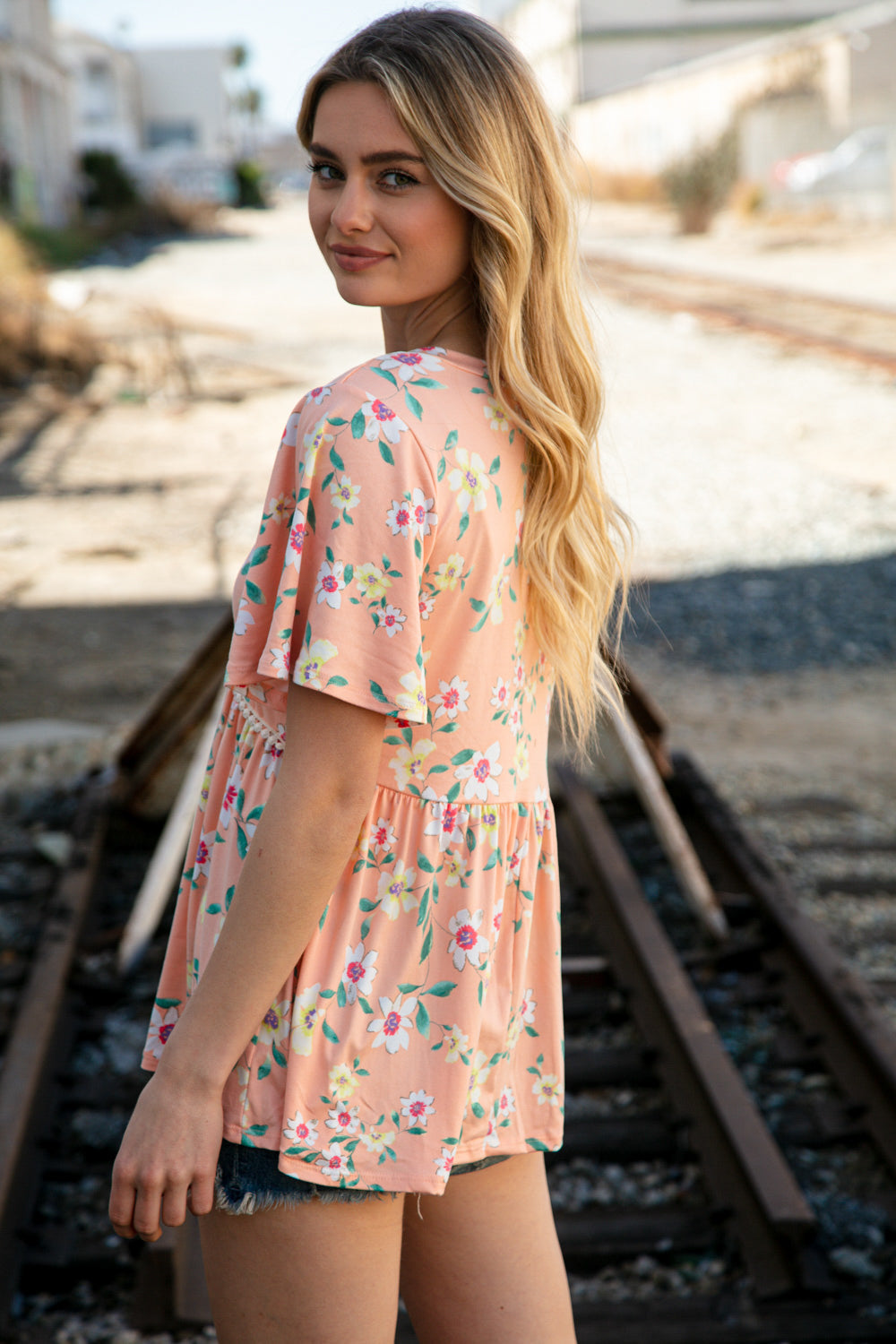 Peach Floral Babydoll Crochet Lace Peplum Top