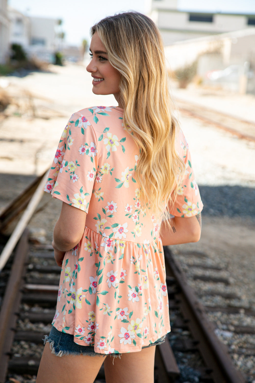 Peach Floral Babydoll Crochet Lace Peplum Top