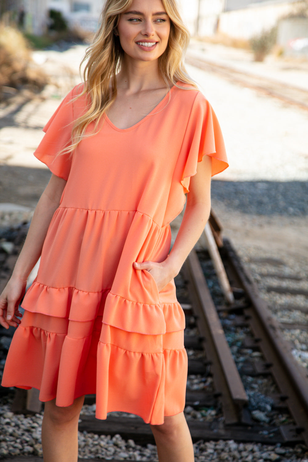 Peach Crepe V Neck Multi Tiered Woven Dress