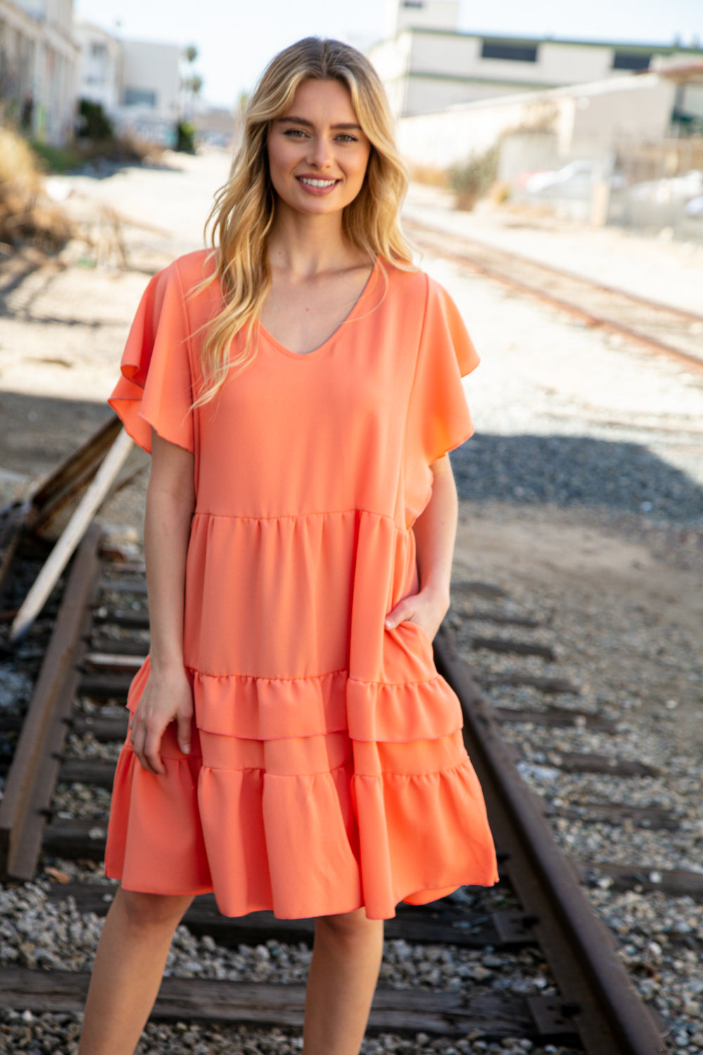 Peach Crepe V Neck Multi Tiered Woven Dress