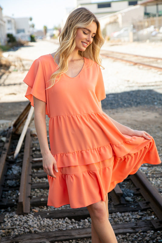 Peach Crepe V Neck Multi Tiered Woven Dress