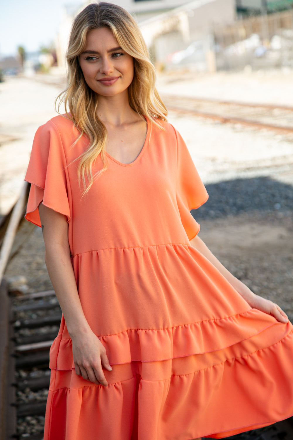 Peach Crepe V Neck Multi Tiered Woven Dress