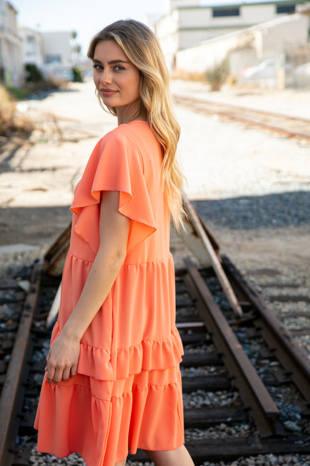 Peach Crepe V Neck Multi Tiered Woven Dress