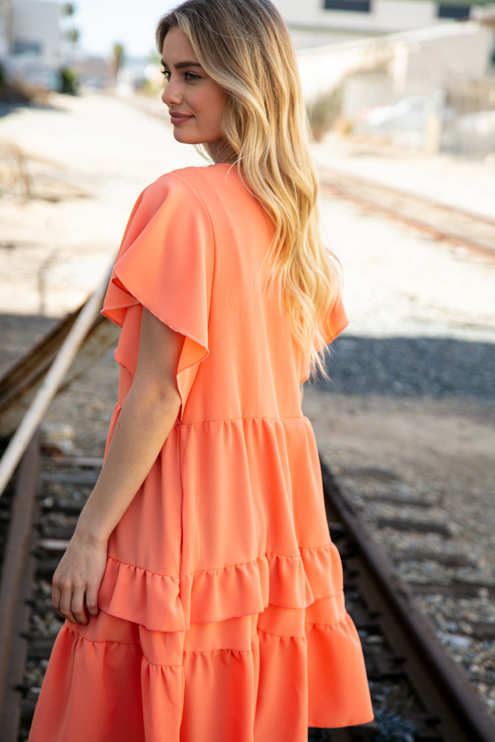 Peach Crepe V Neck Multi Tiered Woven Dress