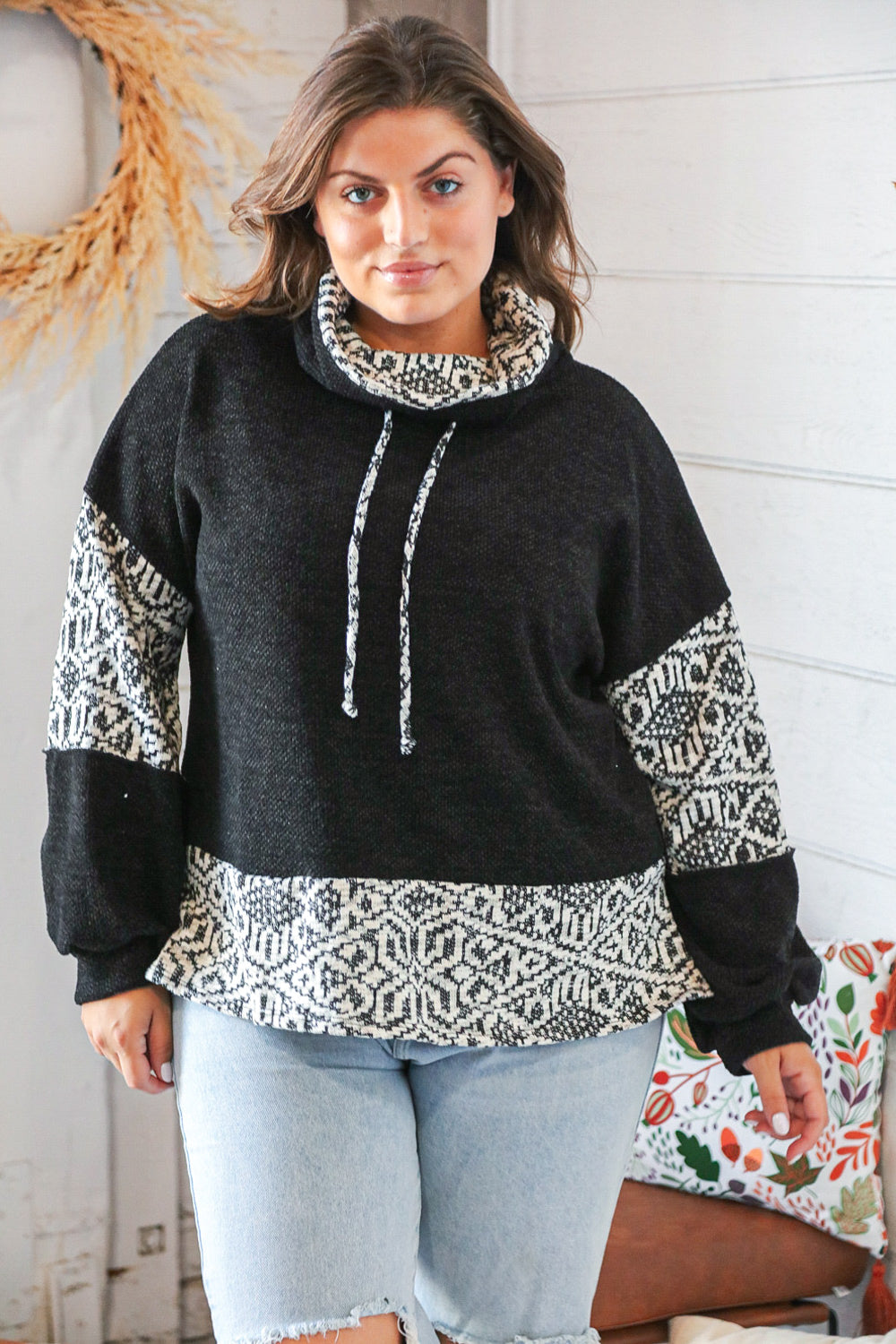 Black Aztec Cowl Neck Reverse Stitch Sweater Top