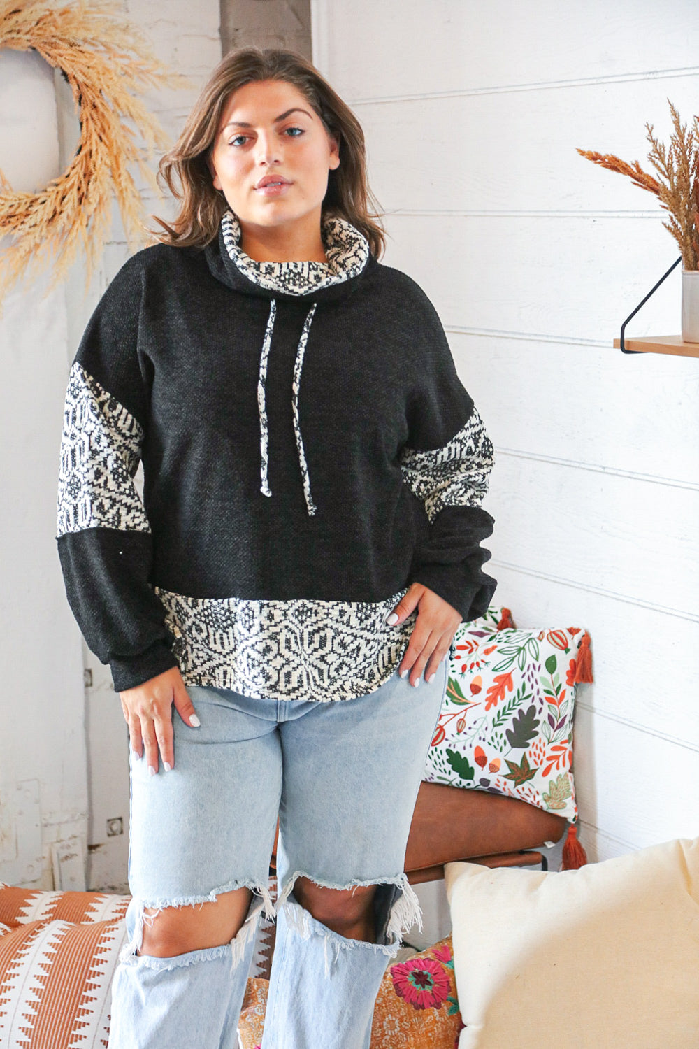 Black Aztec Cowl Neck Reverse Stitch Sweater Top