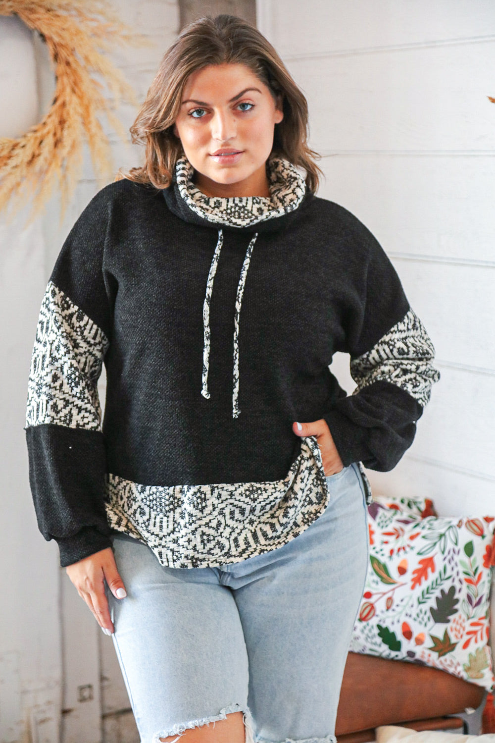 Black Aztec Cowl Neck Reverse Stitch Sweater Top