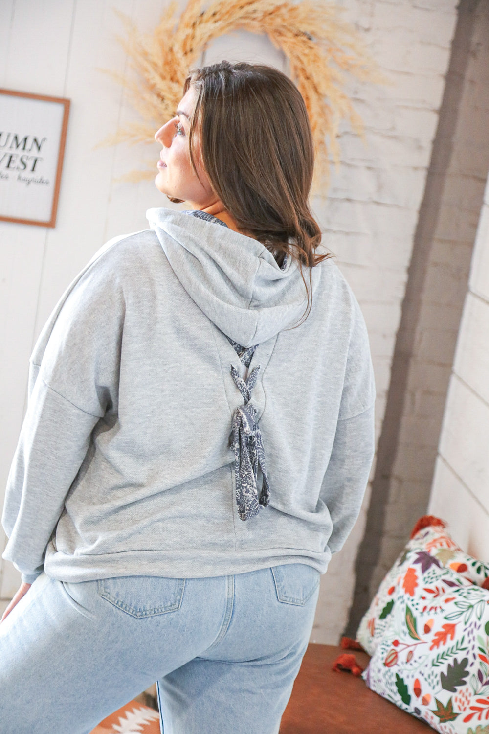 Grey Paisley Cotton Sash Tied Back Loose Fit Hoodie