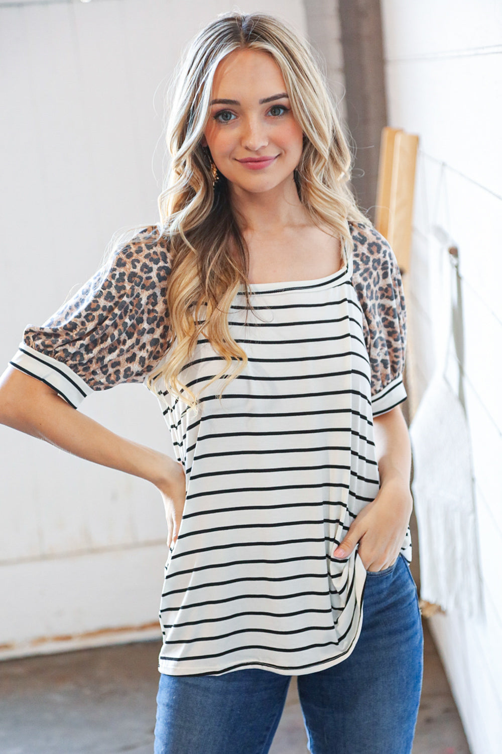 Yarn Dye Stripe Leopard Puff Sleeve Knit Top