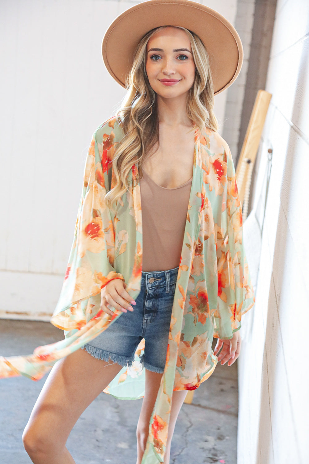 Mint Floral Print Chiffon Cover Up Kimono