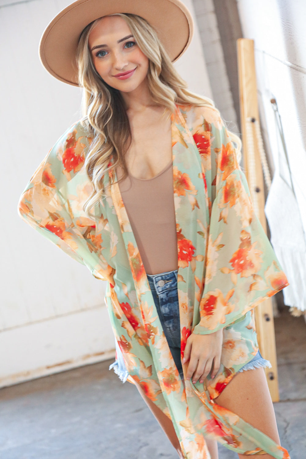 Mint Floral Print Chiffon Cover Up Kimono