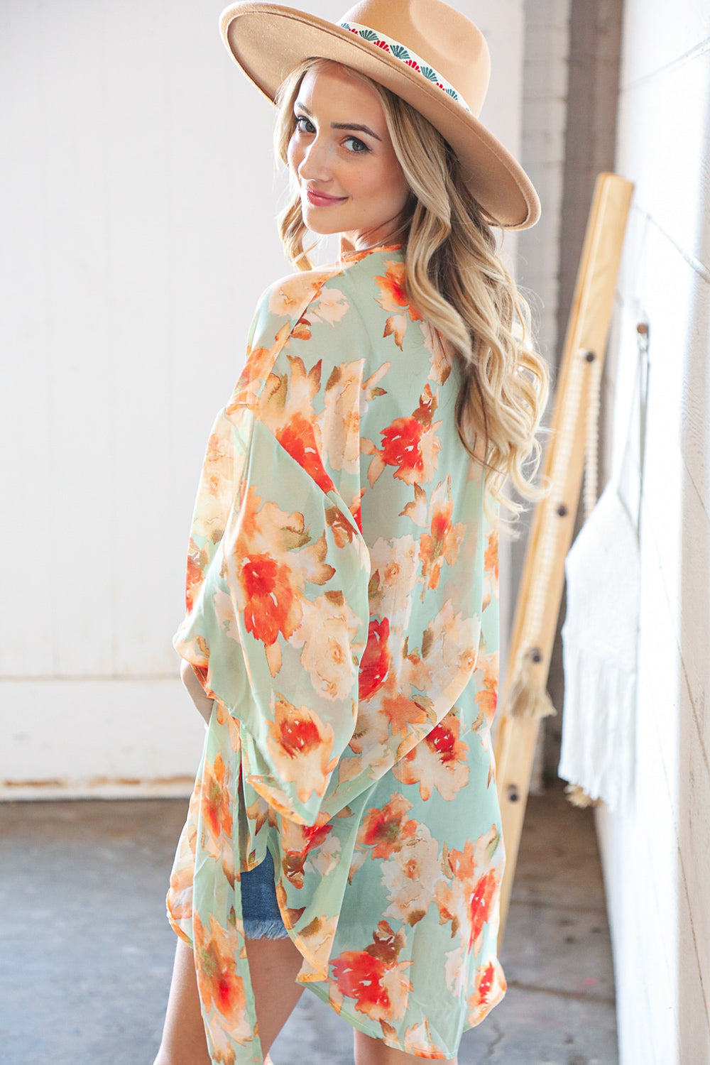 Mint Floral Print Chiffon Cover Up Kimono