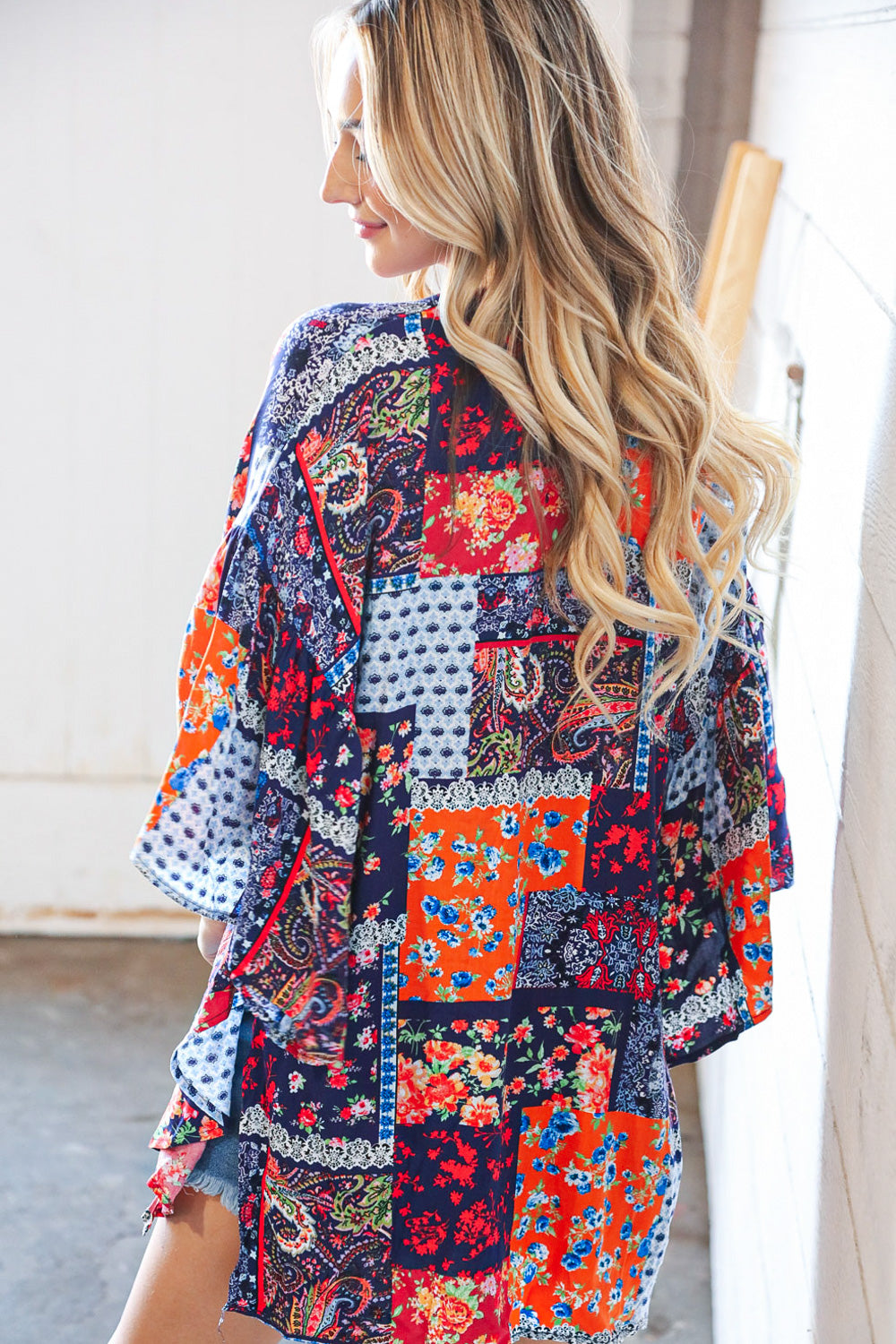 Navy Rayon Challis Patchwork Print Bell Sleeve Kimono