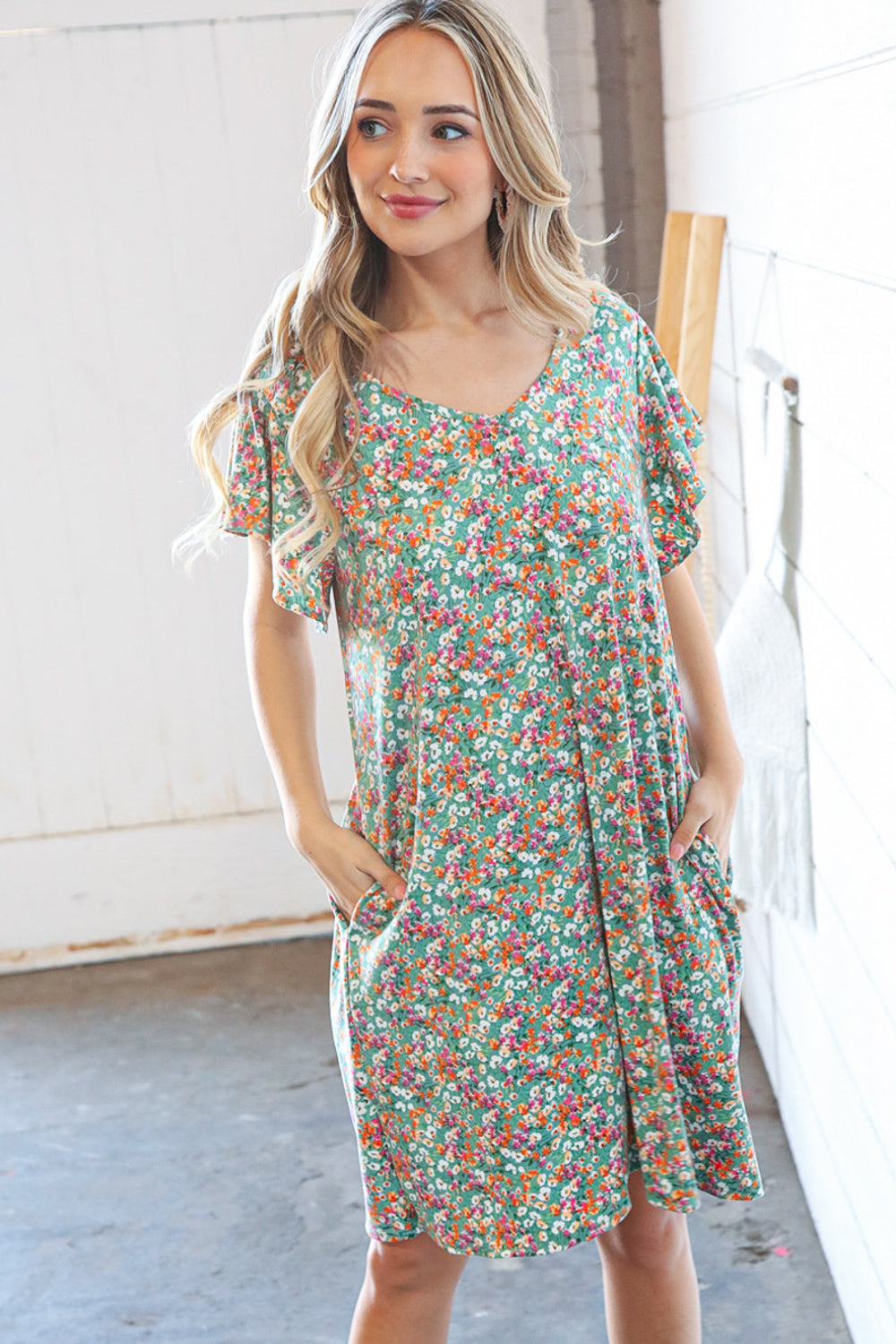 Sage Floral Print V Neck Flutter Sleeve Shift Dress