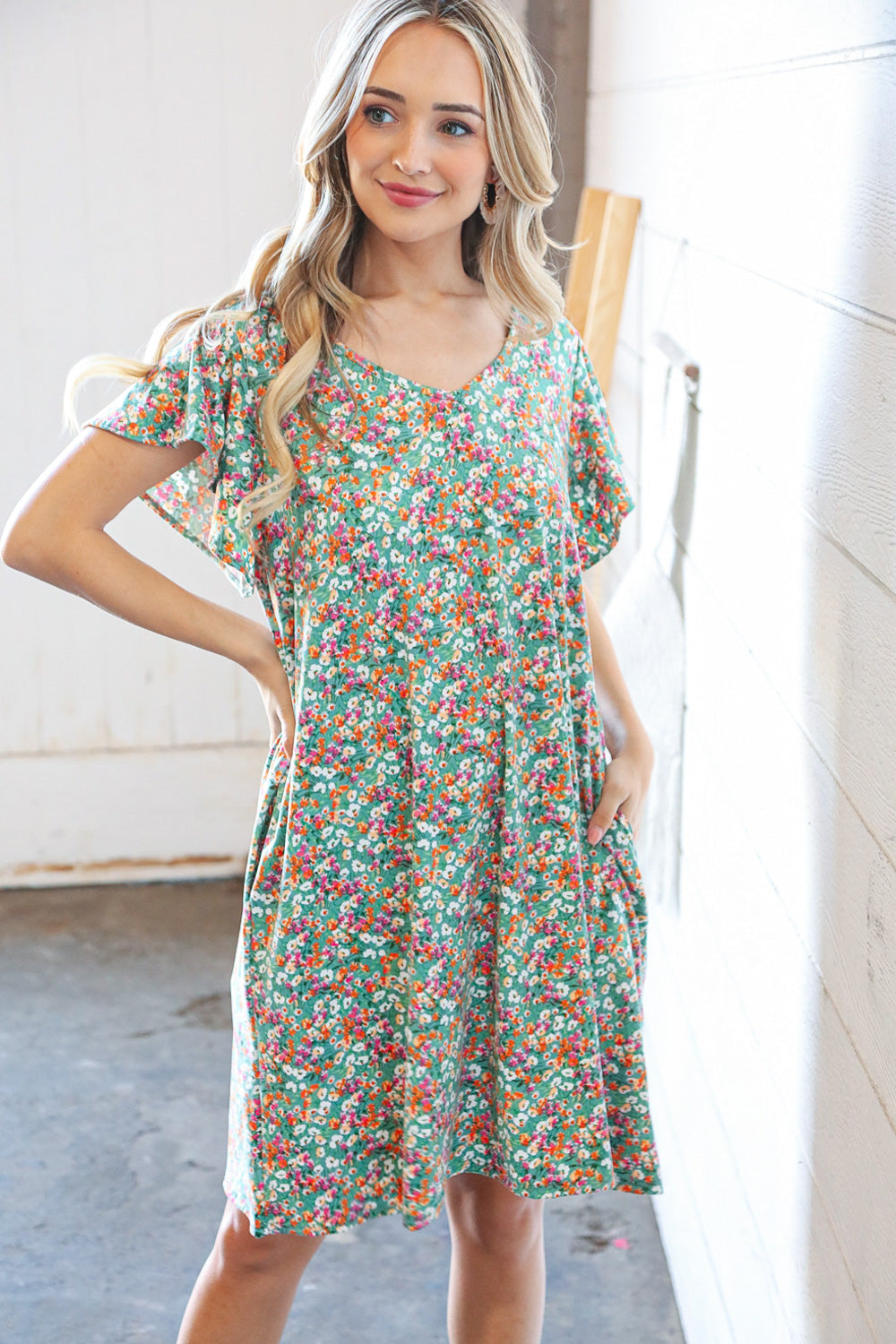 Sage Floral Print V Neck Flutter Sleeve Shift Dress