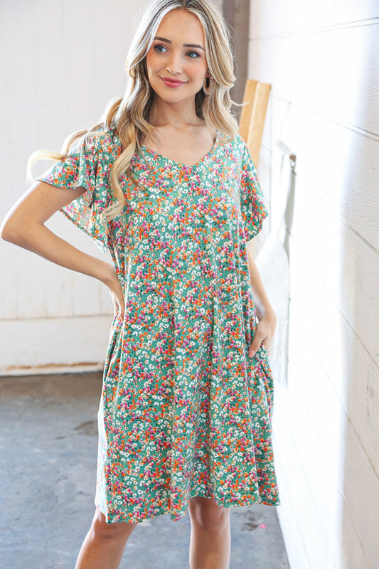 Sage Floral Print V Neck Flutter Sleeve Shift Dress