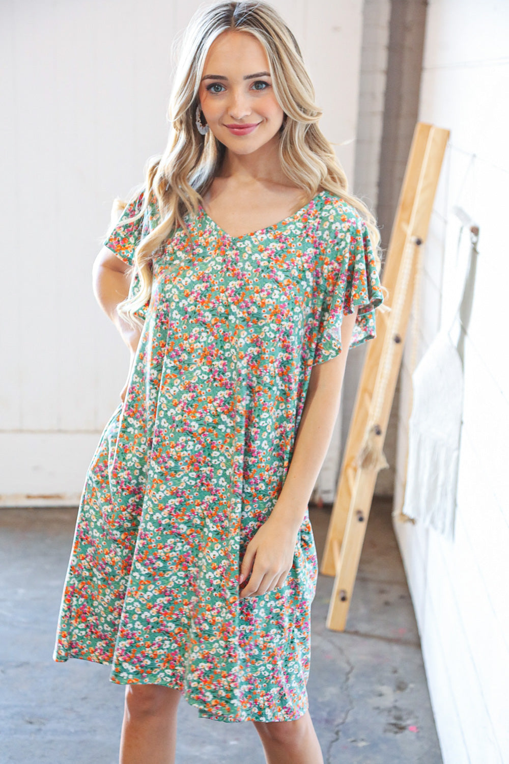 Sage Floral Print V Neck Flutter Sleeve Shift Dress