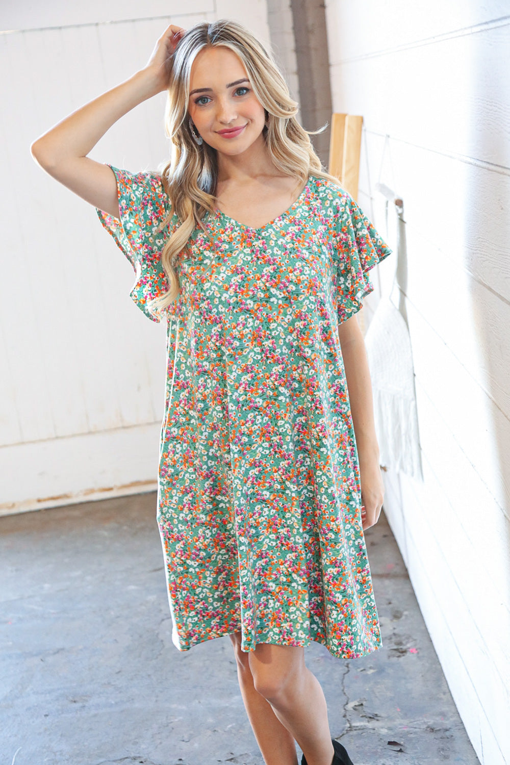 Sage Floral Print V Neck Flutter Sleeve Shift Dress