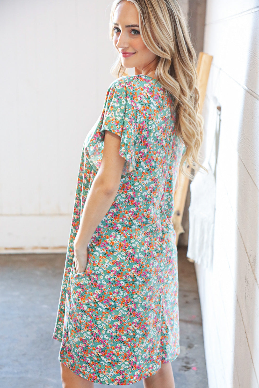 Sage Floral Print V Neck Flutter Sleeve Shift Dress