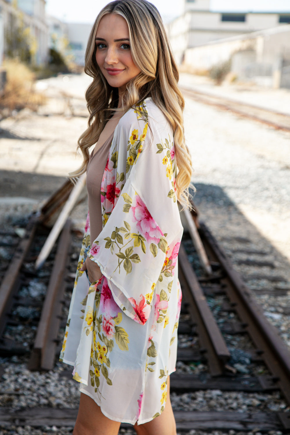 Ivory Floral Print Chiffon Cover Up Kimono