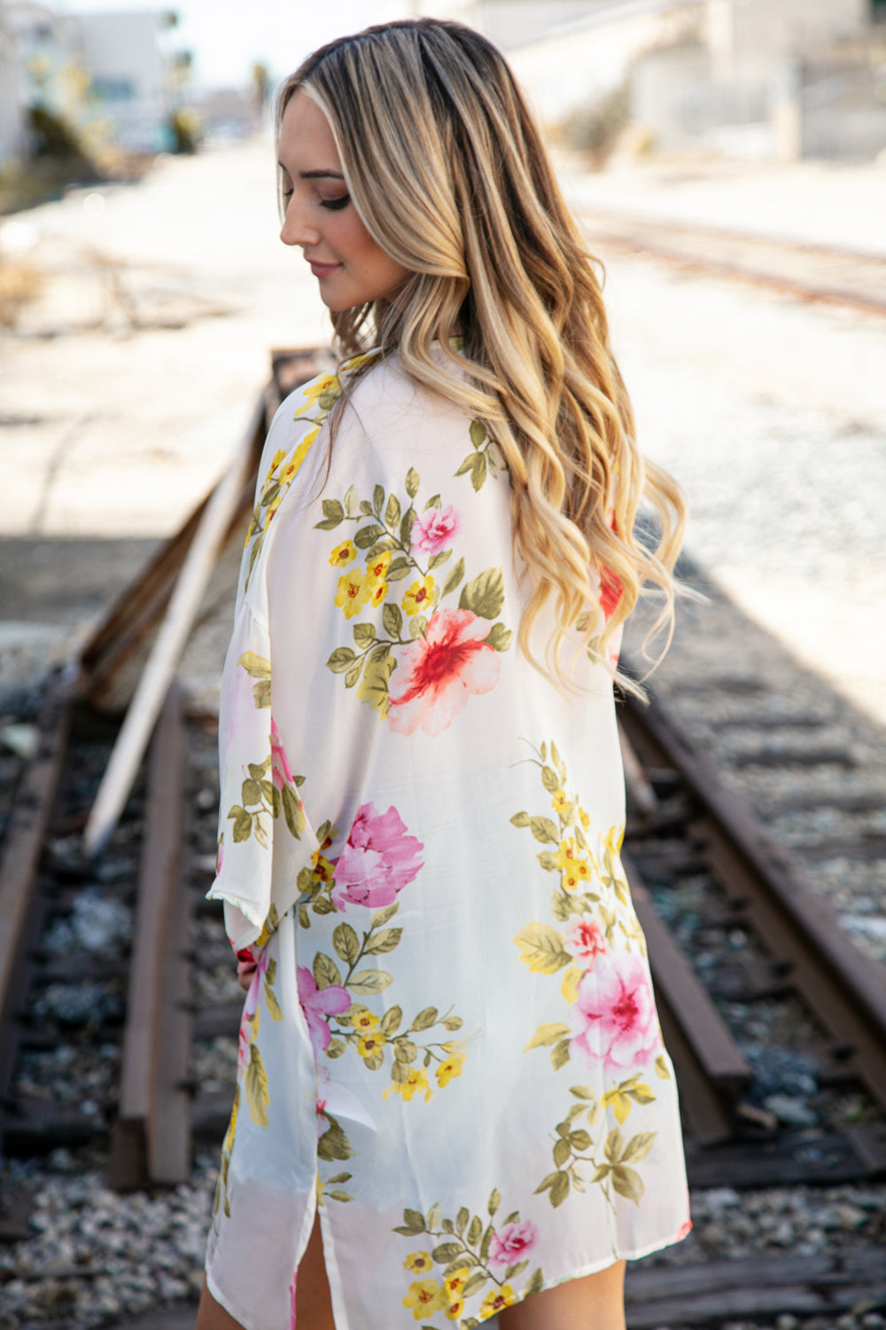 Ivory Floral Print Chiffon Cover Up Kimono