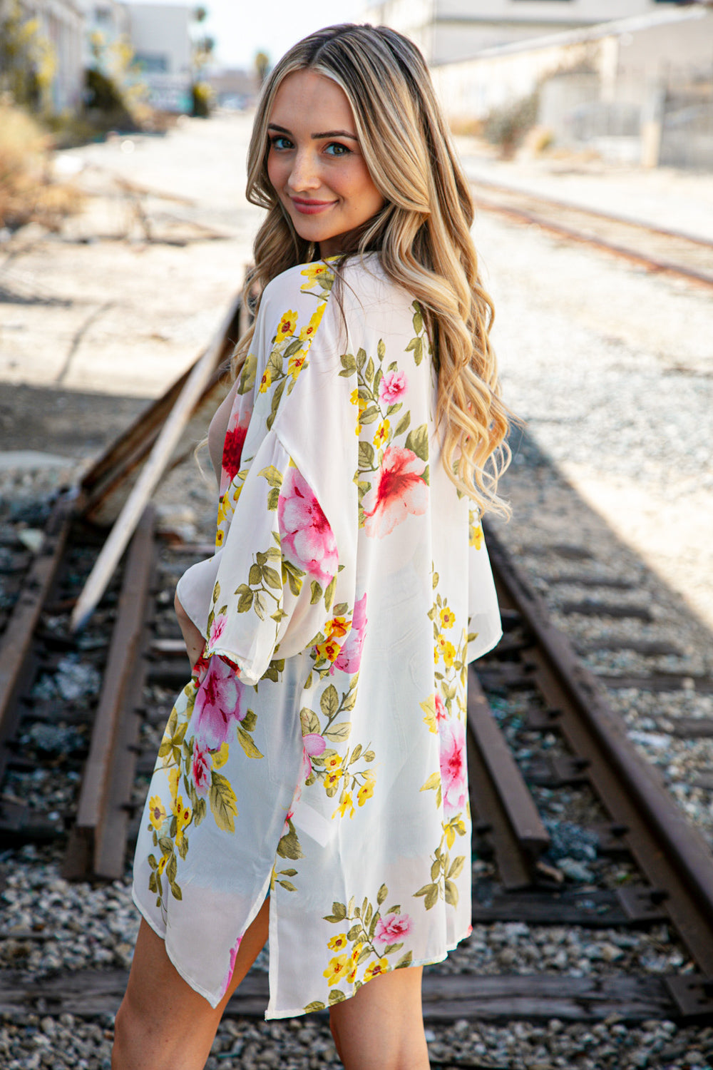 Ivory Floral Print Chiffon Cover Up Kimono