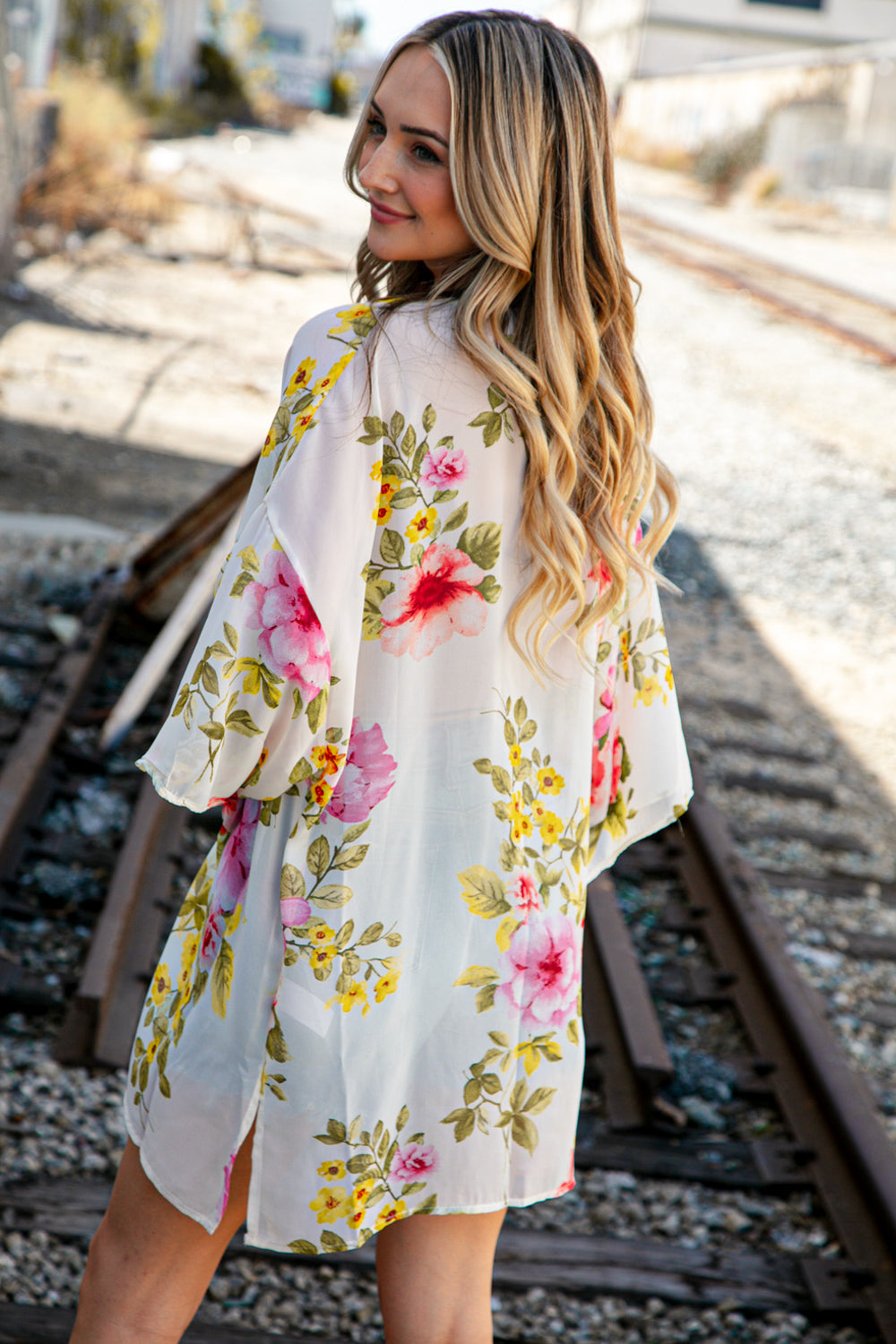 Ivory Floral Print Chiffon Cover Up Kimono