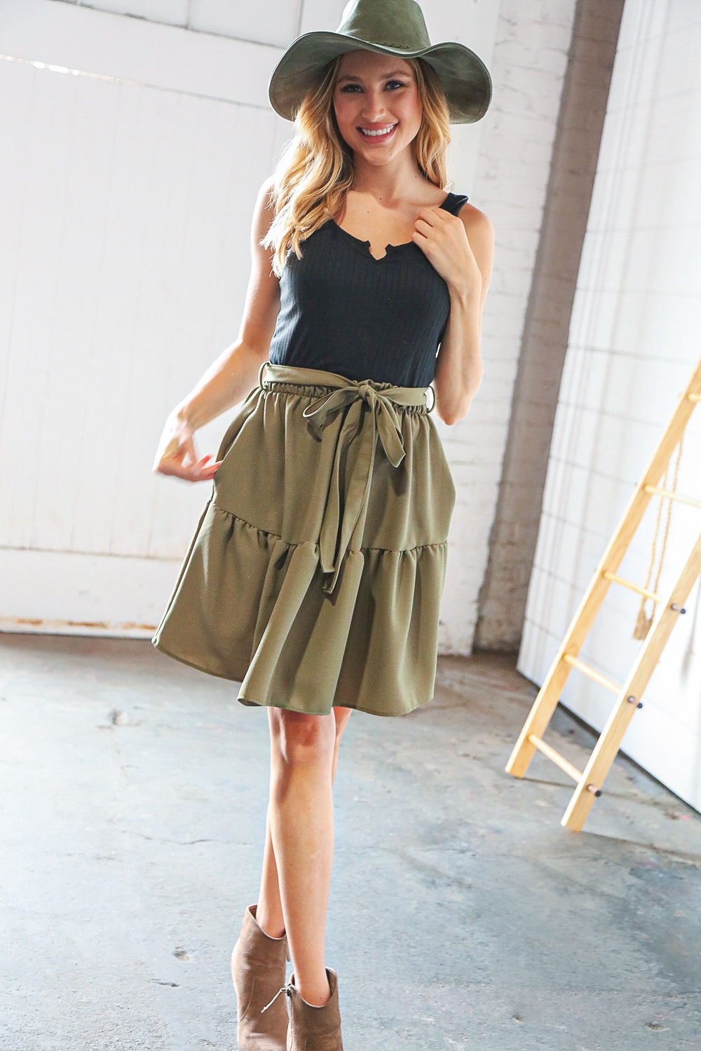 Olive Two Fer Rib Elastic Waist Belted Dress