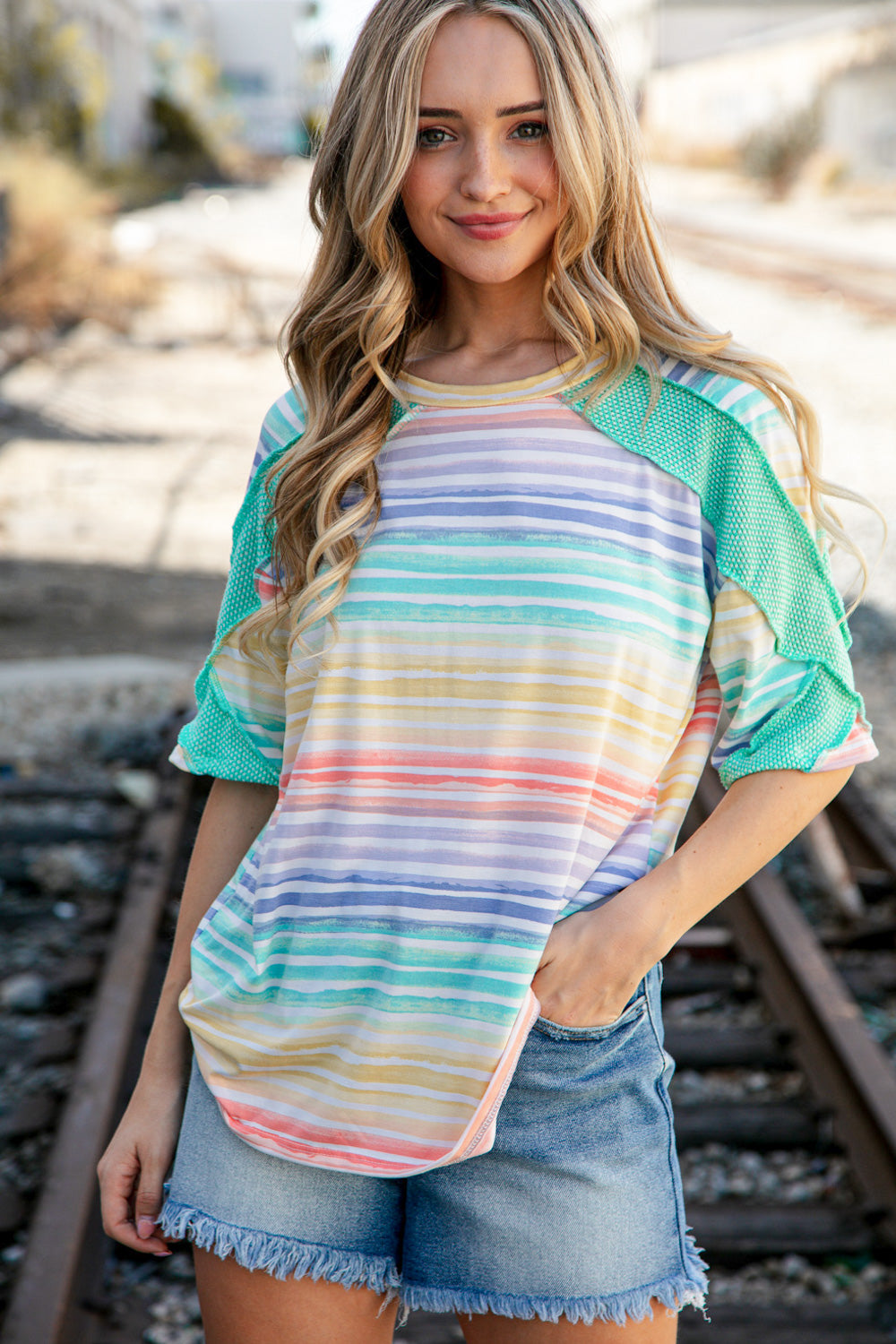 Multicolor Stripe Cross Detail Thermal Outseam Top