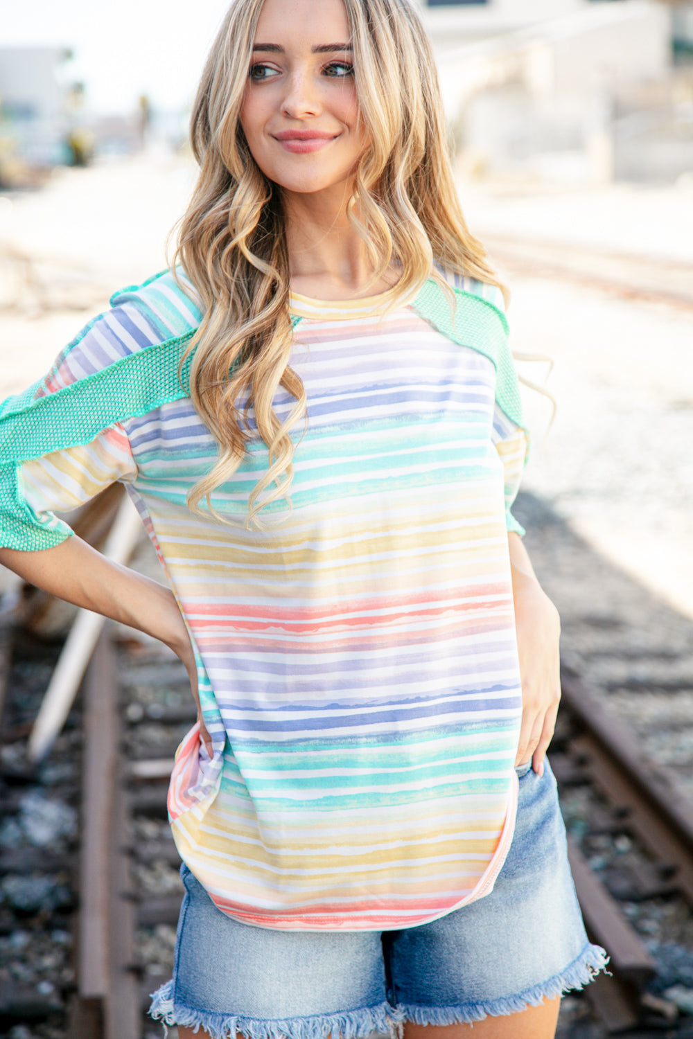 Multicolor Stripe Cross Detail Thermal Outseam Top