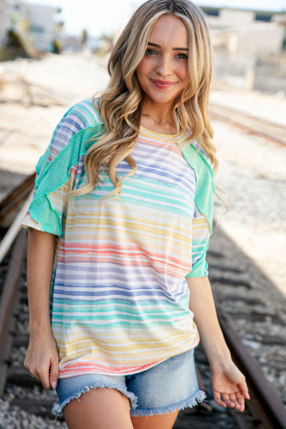 Multicolor Stripe Cross Detail Thermal Outseam Top