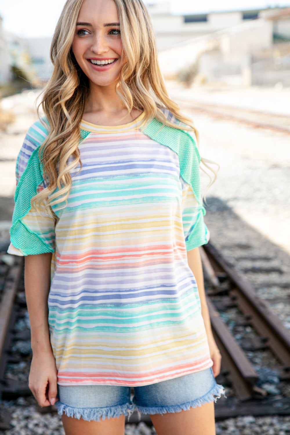 Multicolor Stripe Cross Detail Thermal Outseam Top