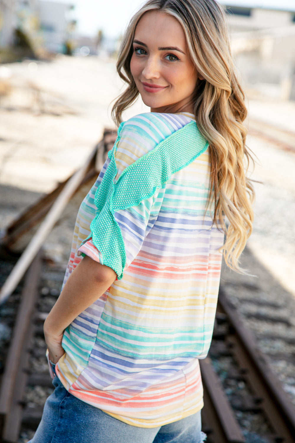 Multicolor Stripe Cross Detail Thermal Outseam Top