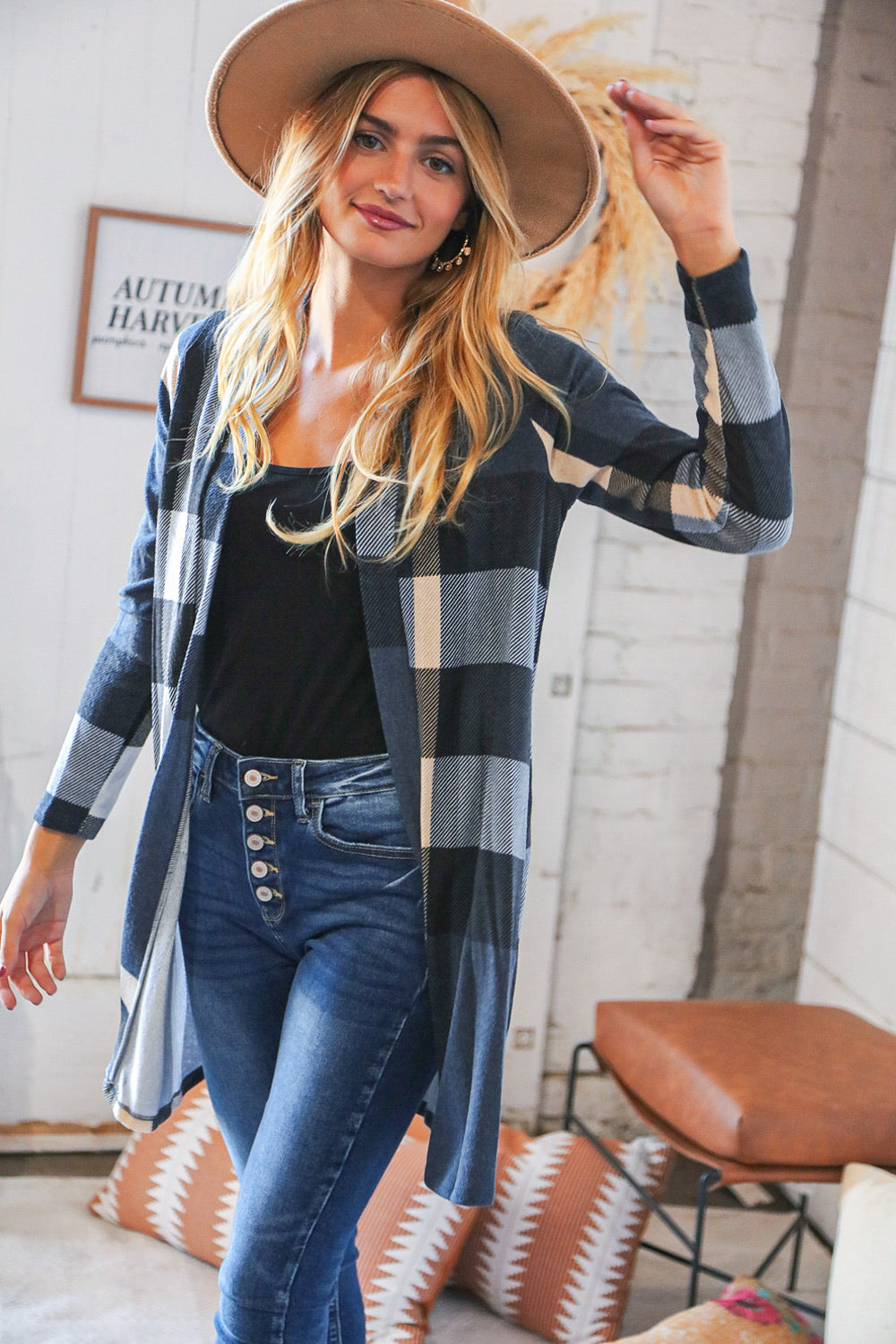 Navy Plaid Hacci Pocketed Open Cardigan