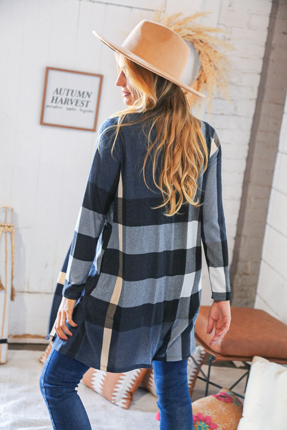 Navy Plaid Hacci Pocketed Open Cardigan