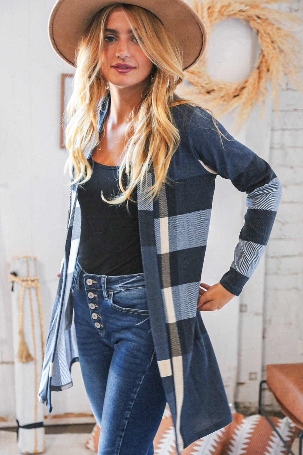 Navy Plaid Hacci Pocketed Open Cardigan