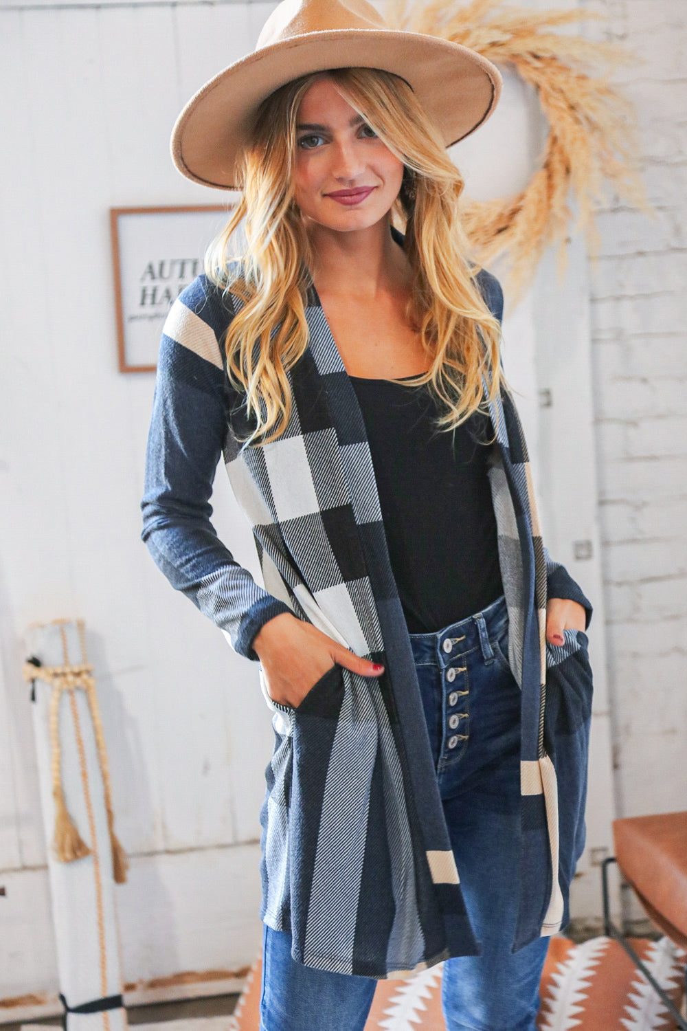 Navy Plaid Hacci Pocketed Open Cardigan