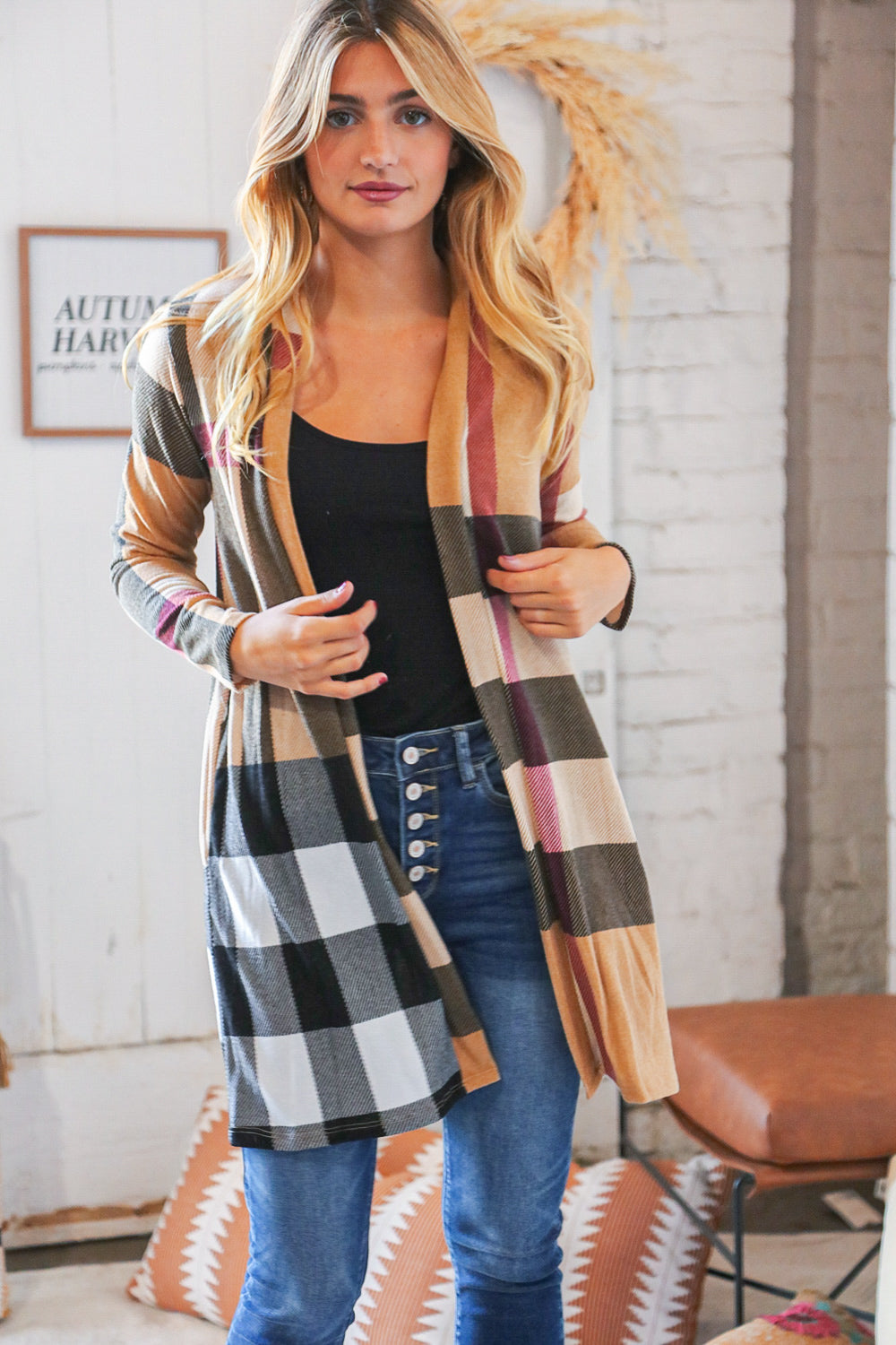 Camel Plaid Hacci Pocketed Open Cardigan